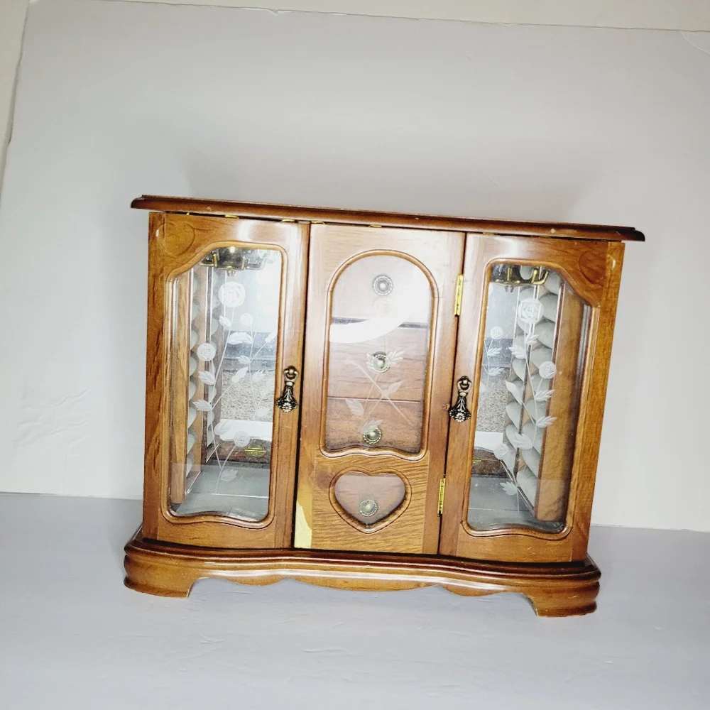 Vintage Wooden Jewelry Box Armoire Cabinet Etched Glass Doors Multiple Draws DIY